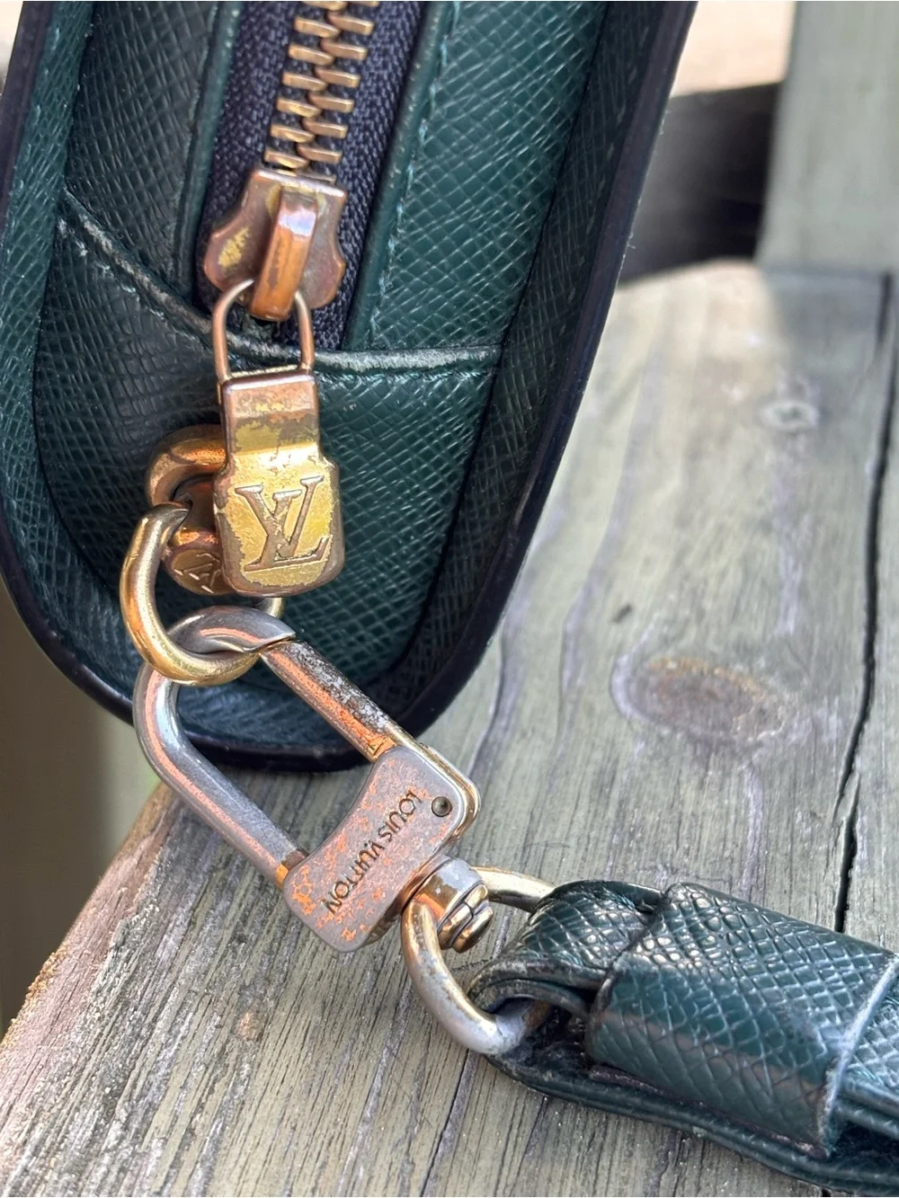 Authentic Louis Vuitton Textured Zip Pouch Wallet - Forest Green